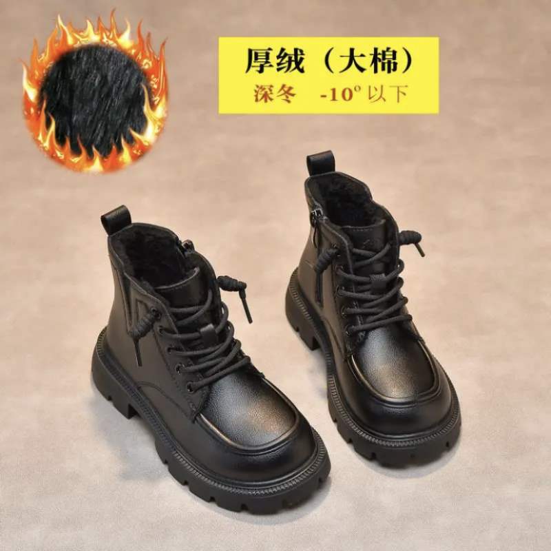 Girls Martin Girls Fleece Boots Autumn and Winter New Foreign Style Girls Single Boots Soft Sole Fleece Short Boots Boys Leather Boots
