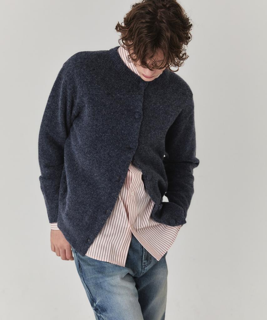 Kineto Brushed Wool Round Neck Cardigan_Ash Blue