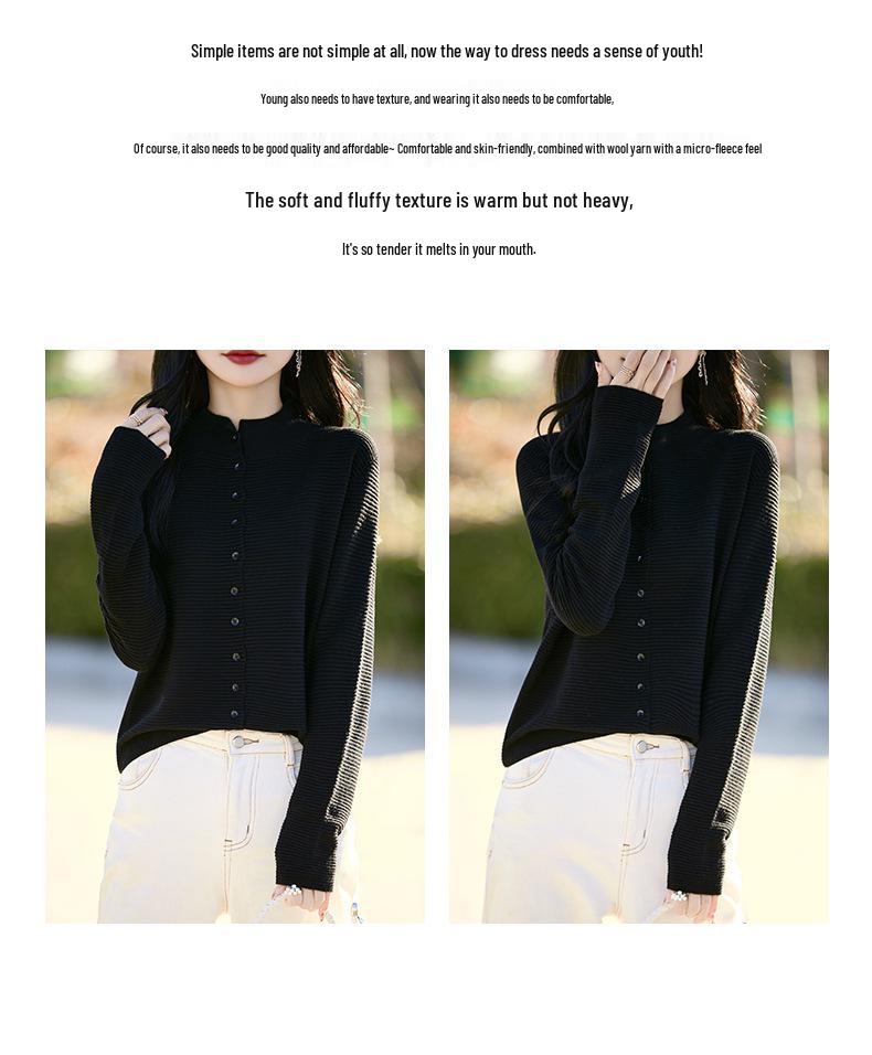 Women's Spring Fine Wool Cardigan - Half-High Collar, Solid Color, Loose, Slimming Sweater Coat