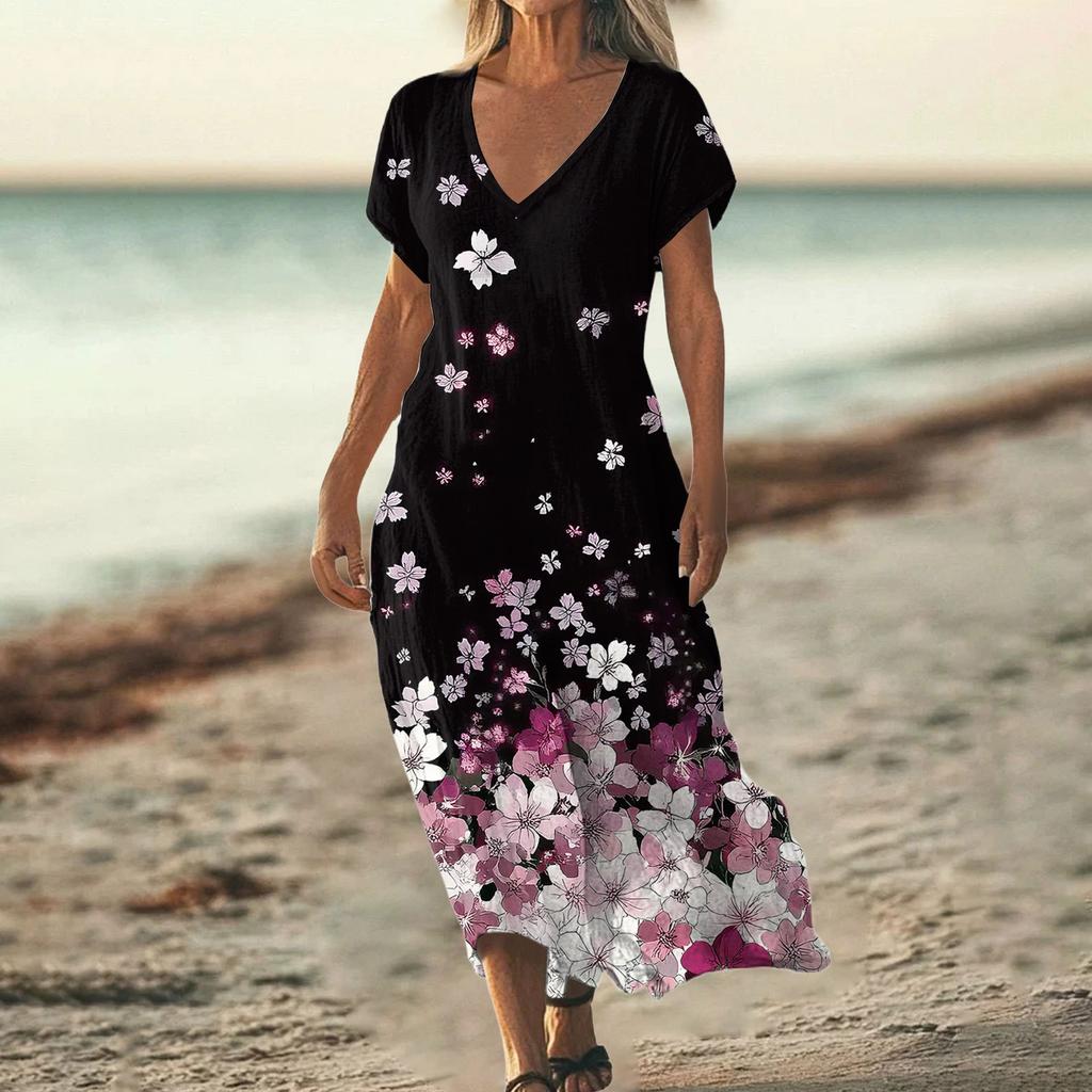 Fashion Women's Summer V-neck Short Sleeve Cotton And Linen Vintage Floral Print Beach Dress