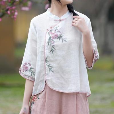 Camisa Étnica China Vintage para Mujer Cuello Alto Bordado Blusa Elegante Verano Manga Tres Cuartos Algodón Tops Sueltos