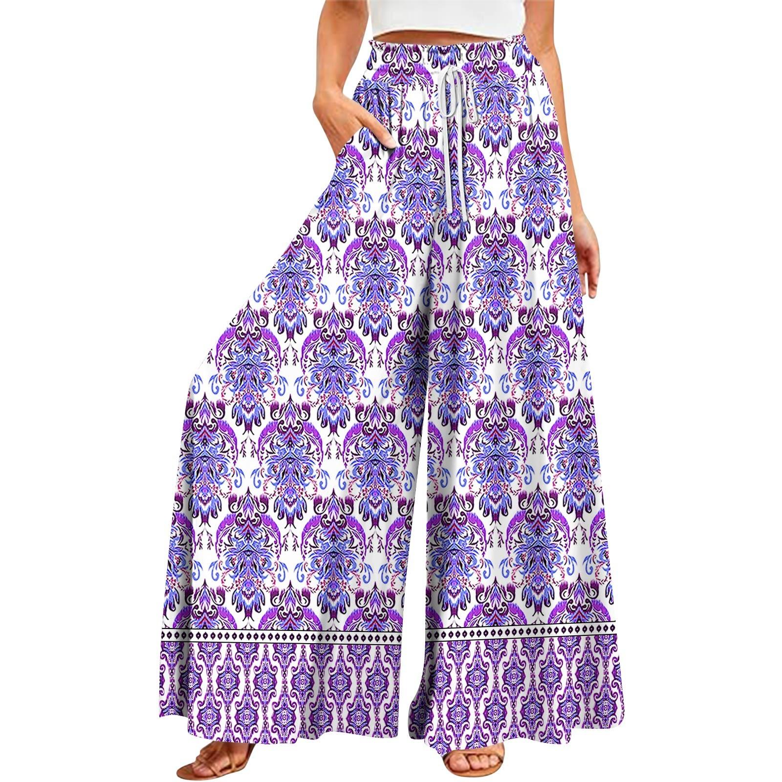 

Женские летние широкие брюки с высокой талией и струящимися карманами, модные повседневные повседневные пляжные брюки в богемном стиле с принтом XL фиолетовый