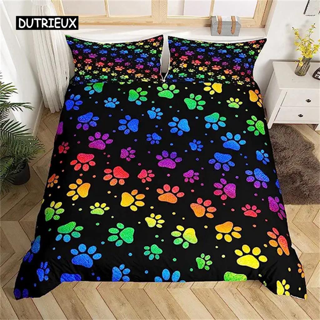 Hunde Pfote Bettbezug Knochen Muster Niedliches Hunde Pfoten Bettwäsche Set Für Teenager Mädchen Jungen Zimmer Deko Geschenke Haustier Tier Cartoon Bettdeckenbezug