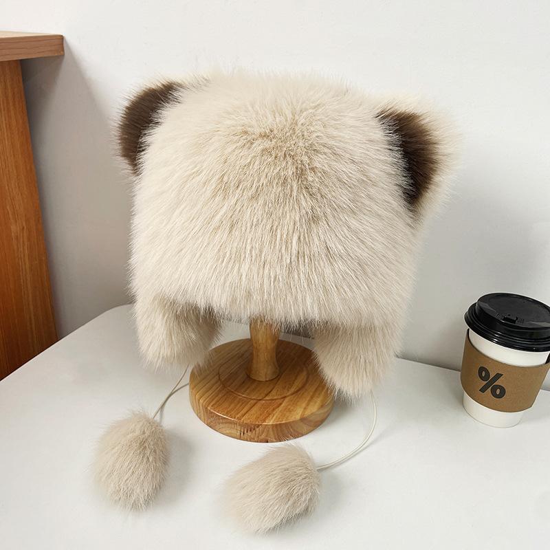 Cute Bear Plush Lei Feng Hat Women's Winter Faux Fur Thickened Warmth Ear Protection Cold Hat Outdoor Coldproof Baotou Hat