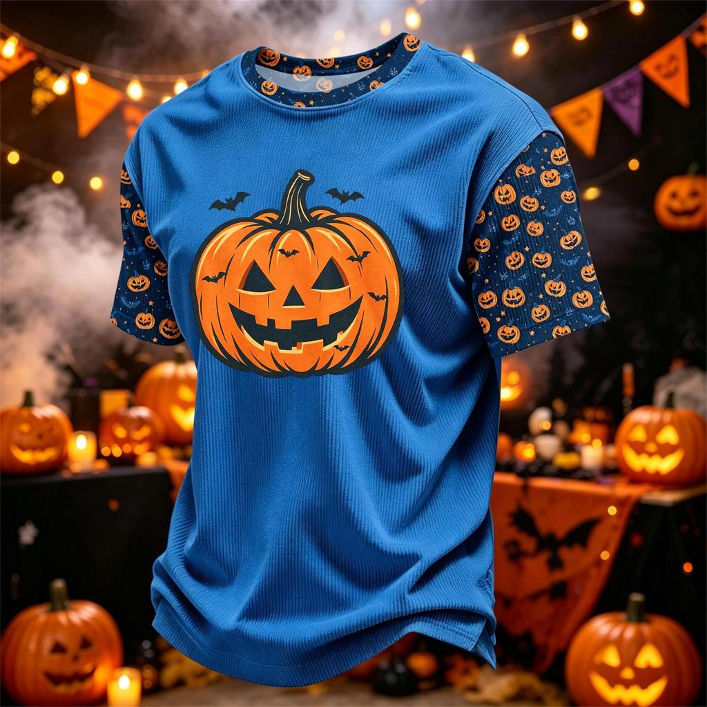 Herren Freizeit Corduroy Kurzarm Rundhals Leicht Atmungsaktiv T-Shirt mit Halloween Kürbis Print Design Bequeme Passform