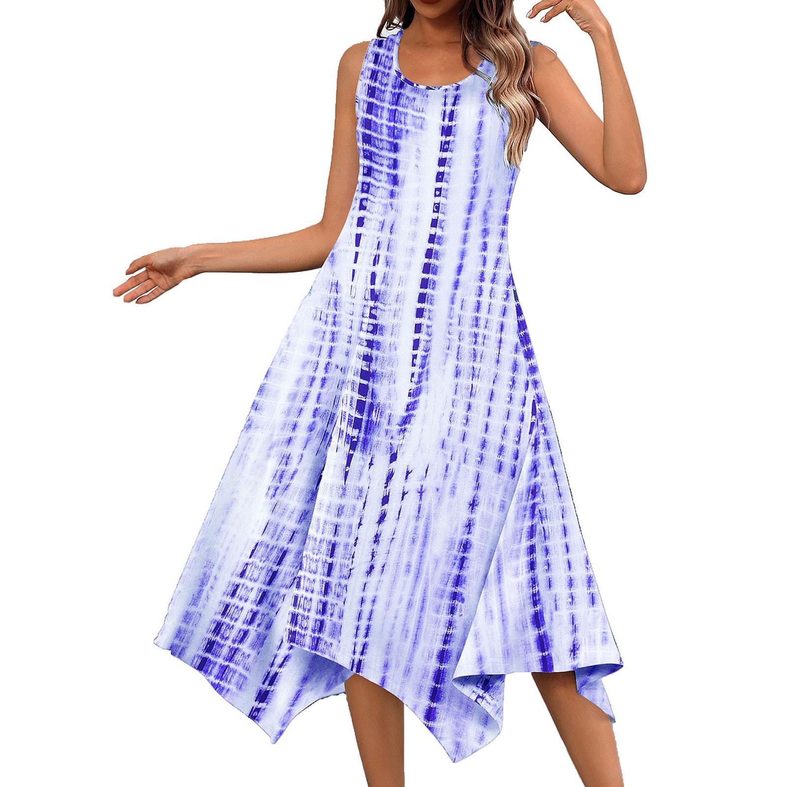 

Women s Casual Fashion Round Neck Sleeveless Irregular Hem Floral Print Midi Dress M фіолетовий