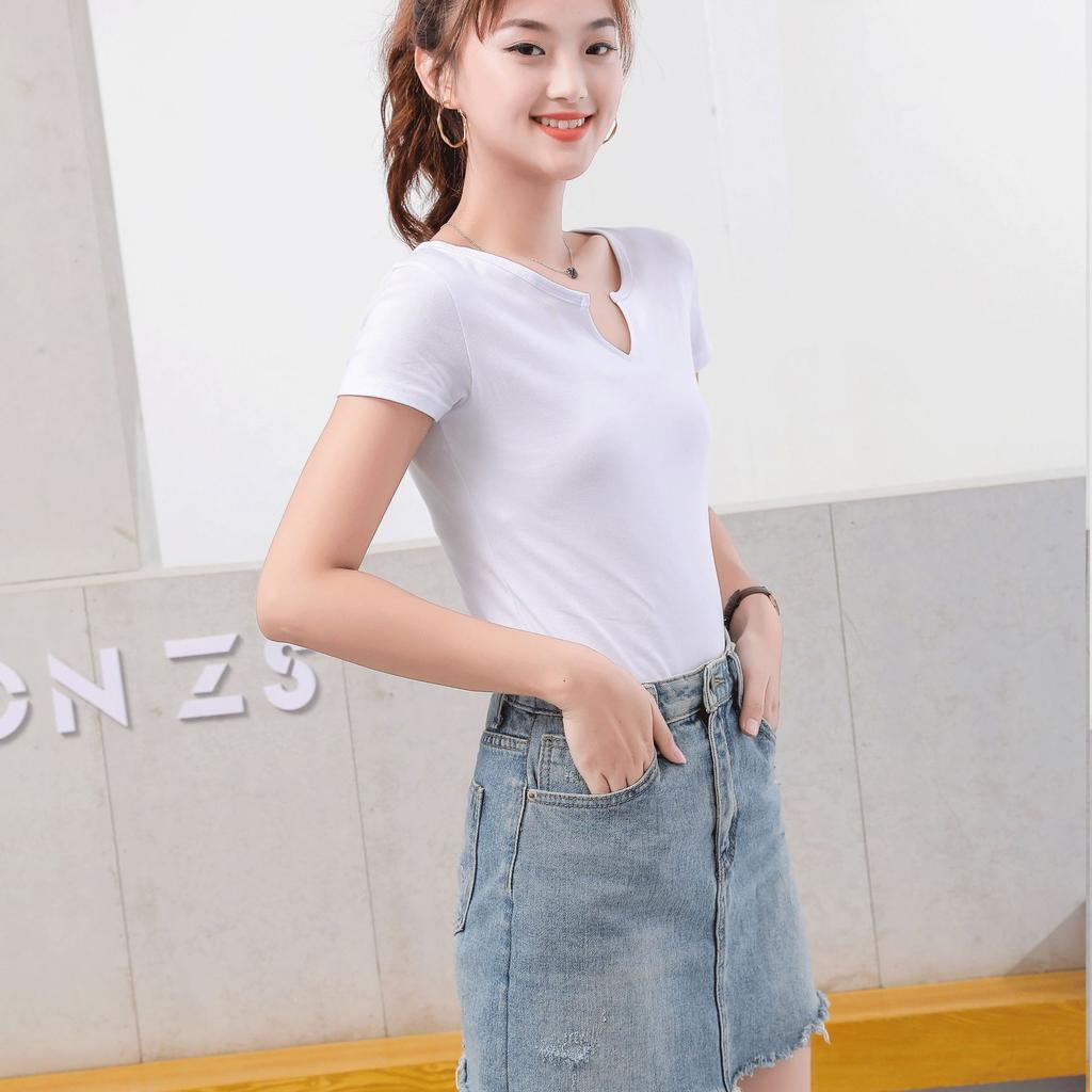 Women's Notch V Neck Short Sleeve T-Shirt 95% Combed Cotton Slim Fit Solid Color Basic Casual Layering Tee For Summer Daily Wear