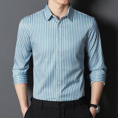 Men Striped Shirts Elastic Slim Fit Long Sleeve Spandex Office Business Work Male Formal Shirt Easy Care