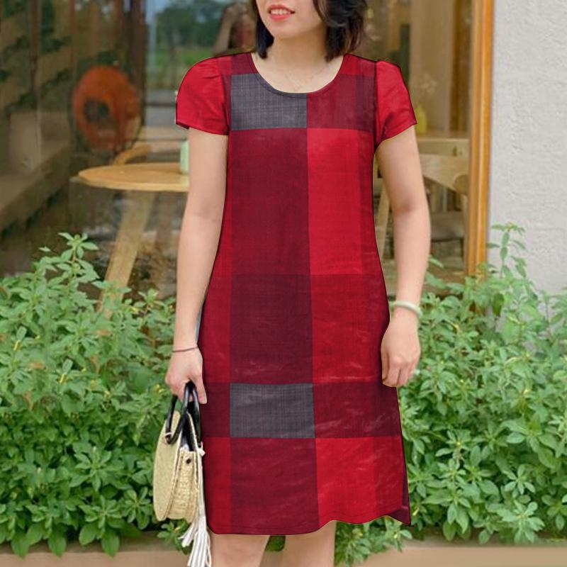 ZANZEA Womens Summer Round Neck Short Sleeve Grid Print Dress