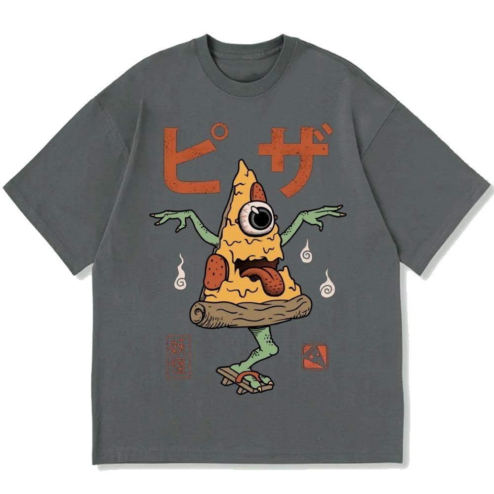 Japanische Pizza Yokai Monster Aufdruck Baumwolle Lässig Herren T-Shirt Sommerurlaub Kurzarm Rundhals Kleidung