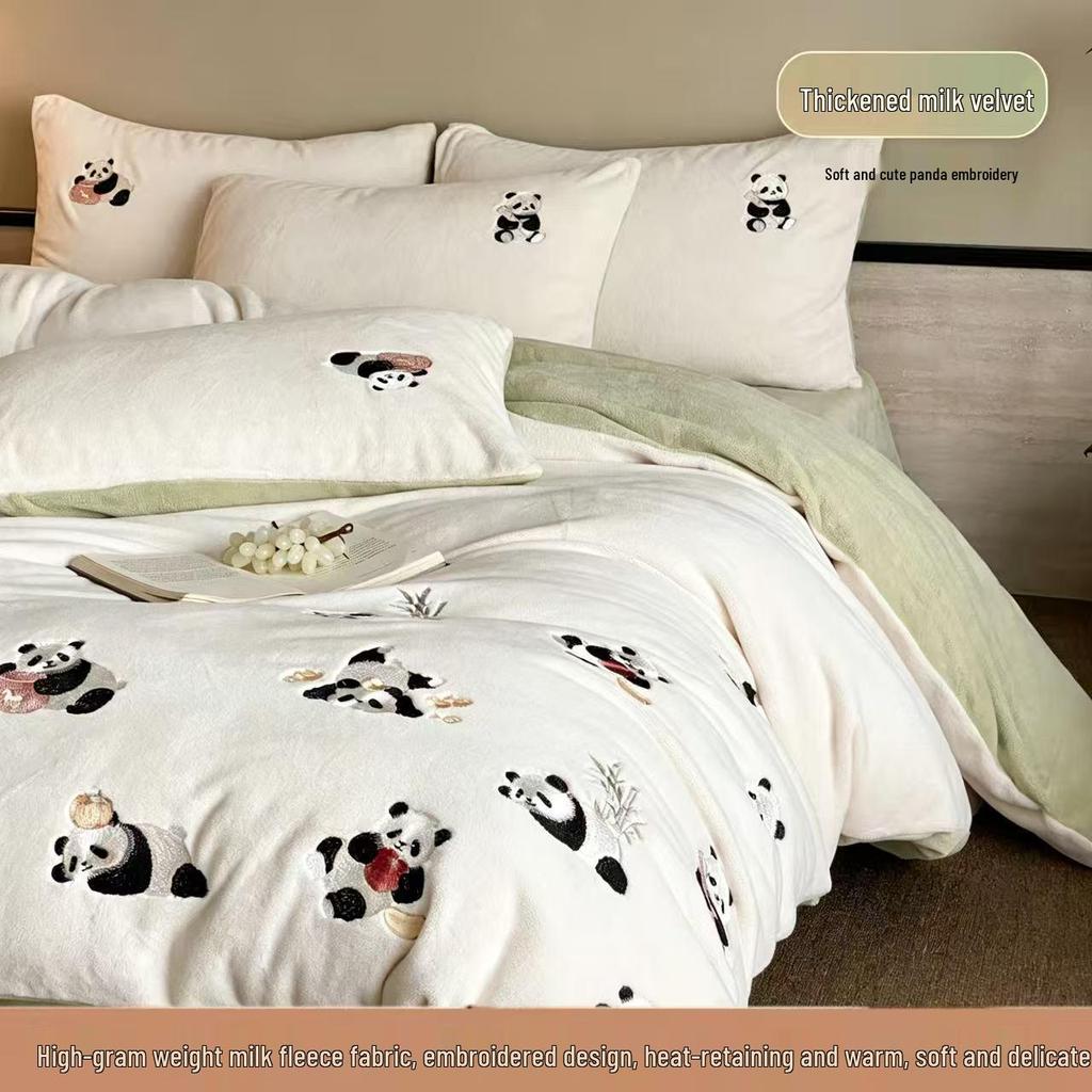 Class A Mother & Baby Thickened Coral Fleece Panda Bedding Set - Winter Four-Piece Double-Sided Warmth