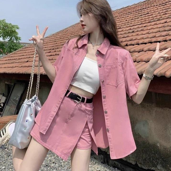 Dopamine Pink Casual Denim Short-Sleeve Jacket & Shorts Set