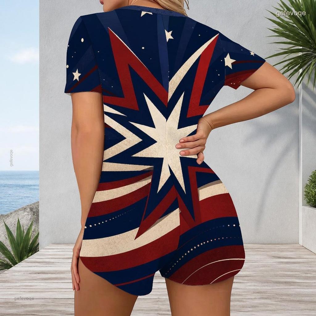 Women Plus Size White V Neck Short Sleeve Button Front Printed Romper