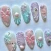 24PCS Press On Nail With Holographics Seashells Accents Gradient Pink Ombres Design Reusable Artificial Nail ABS Material Multi Size Selection