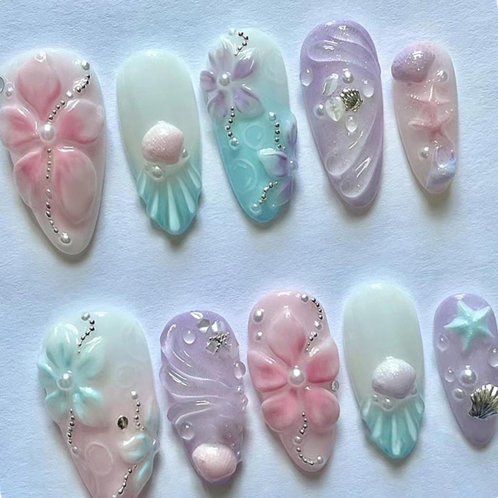 24PCS Press On Nail With Holographics Seashells Accents Gradient Pink Ombres Design Reusable Artificial Nail ABS Material Multi Size Selection