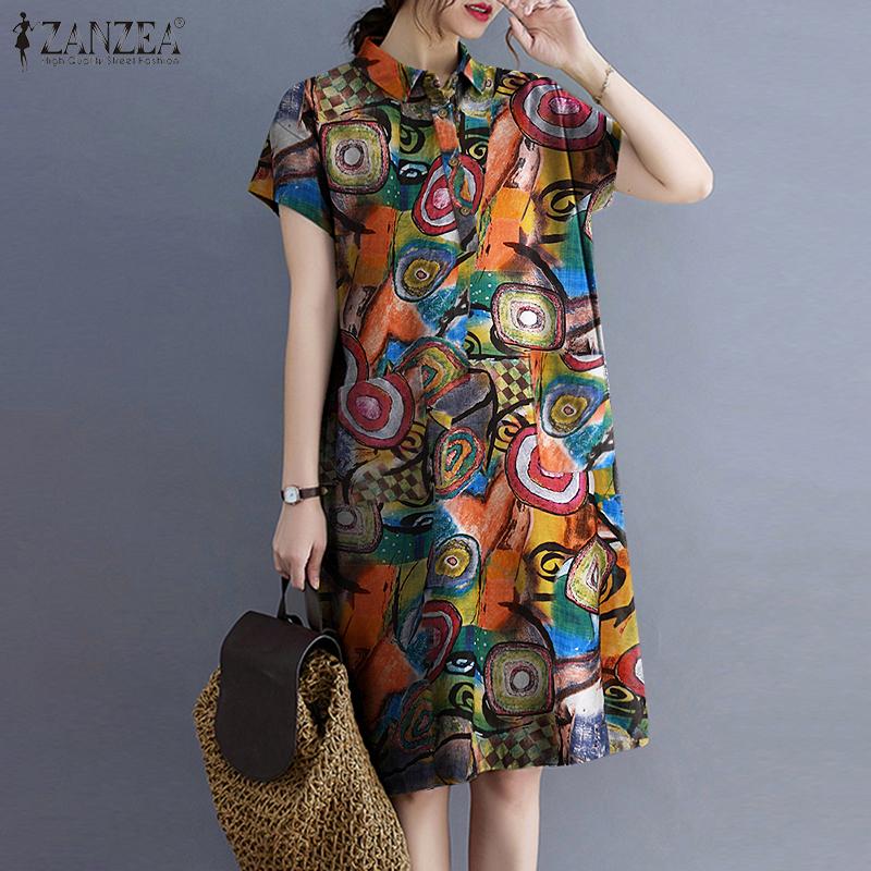 

ZANZEA Летнее повседневное платье с отложным воротником и короткими рукавами с принтом