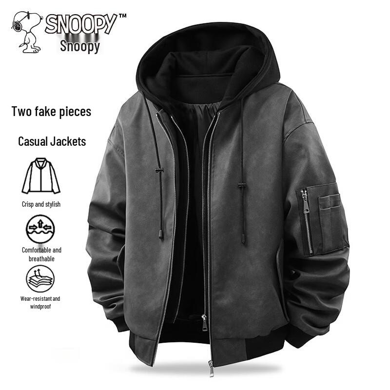 

Snoopy Men s Casual American Style Faux Two-Piece Hooded PU Leather Jacket XL