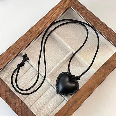 Retro Black Leather Heart Pendant Necklace - Korean Style