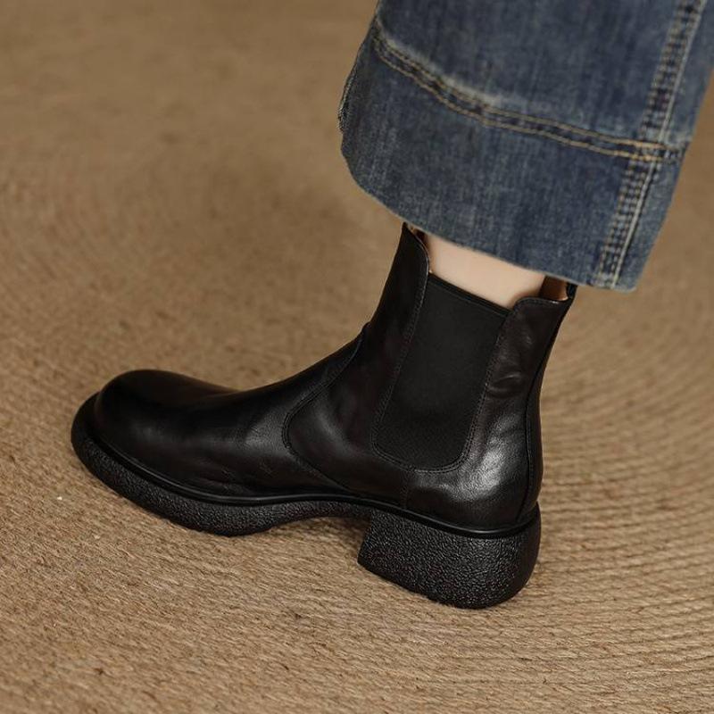 New Women's Versatile Leather Knight Boots Sleeve Solid Color Cowhide Versatile Women's Boots Square Heel Round Head Medium Boots Women's