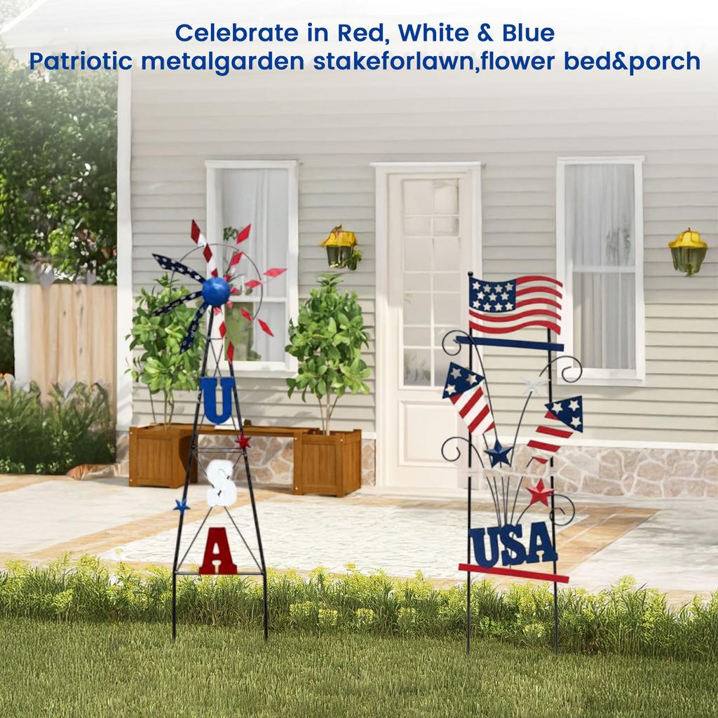 Metal Garden Stake USA Patriotic Wind Spinner Yard Decoration Outdoor Lawn Ornament with Spinning Flags and Stars for Garden