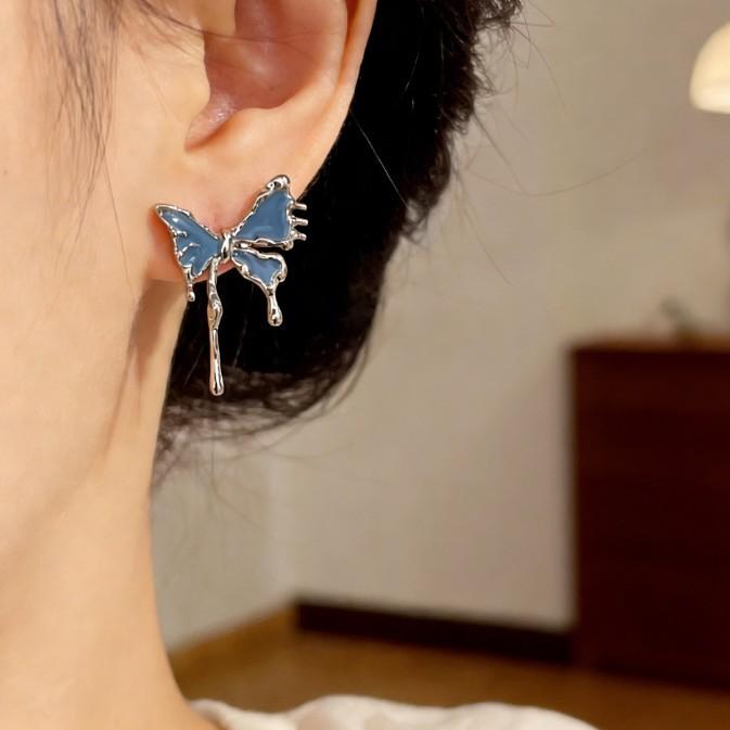 Irregular blue butterfly earrings Mori super fairy temperament earrings sweet cool wind studs