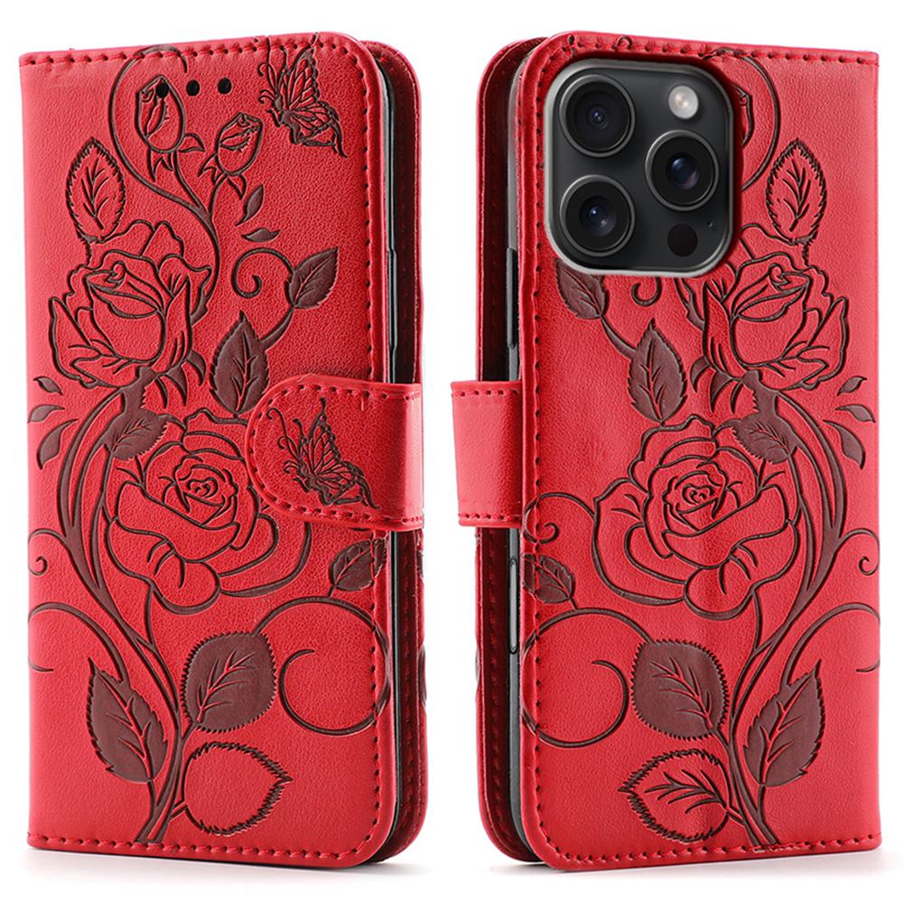 For iPhone 16 Pro Case Wallet Stand Imprinted Rose Butterfly PU Leather Phone Cover