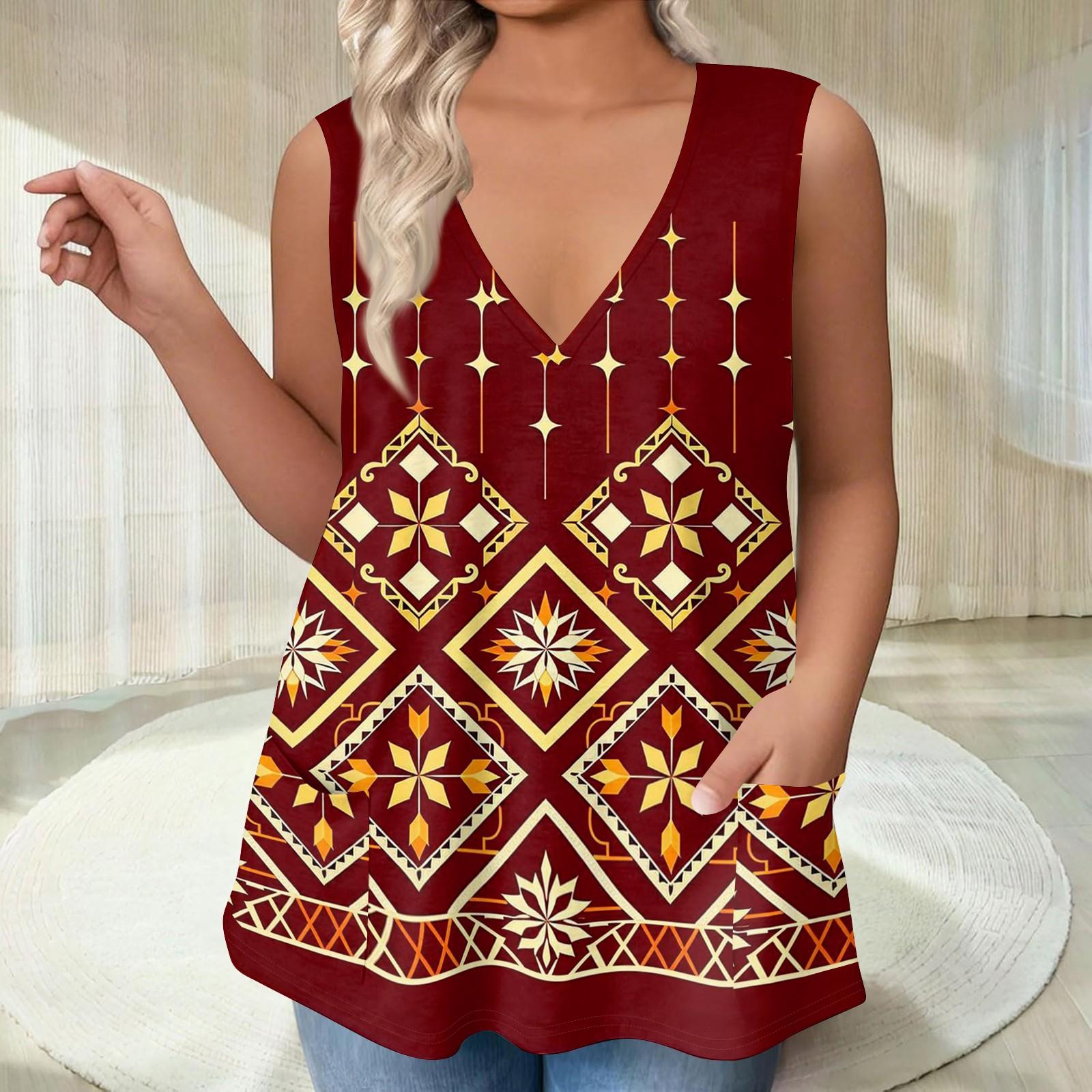 

Women s V-neck T-shirt Vest Loose With Pockets T-shirt Printed Bottom Shirt XXL винний