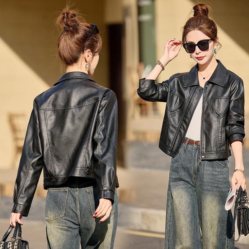 

Женская куртка из искусственной кожи 2025 - Приталенная, Универсальная мода для весны и осени (YG82932) M for 90-110 kg чёрный