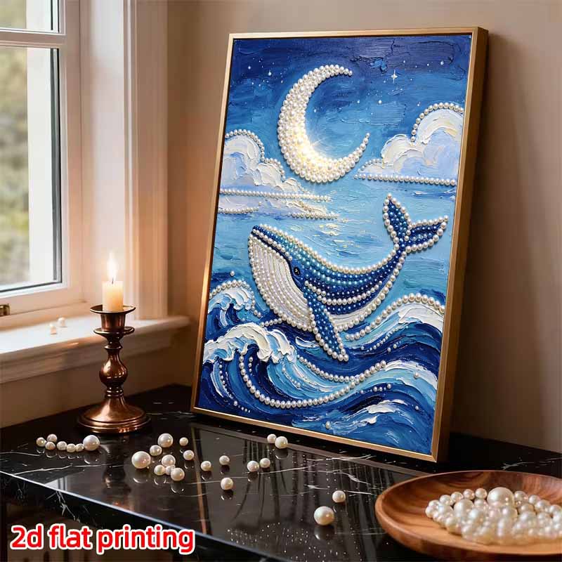 Kit de Pintura de Perlas sin Marco DIY Ballena Azul Luna Arte de Perlas Brillantes 3D Lienzo Manualidad Creativa Relajante para Decoración de Pared del Hogar Regalo