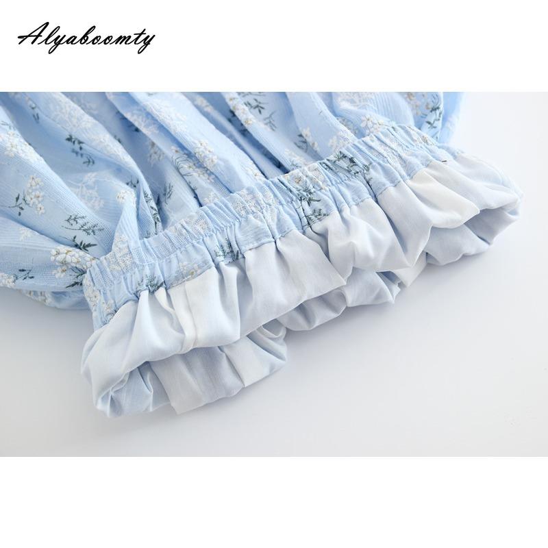 Japanese Mori Girl Spring Summer Women Blue Floral Skirt High Waist Print Elegant Skirt Cotton Linen Feminine A-Line Skirt