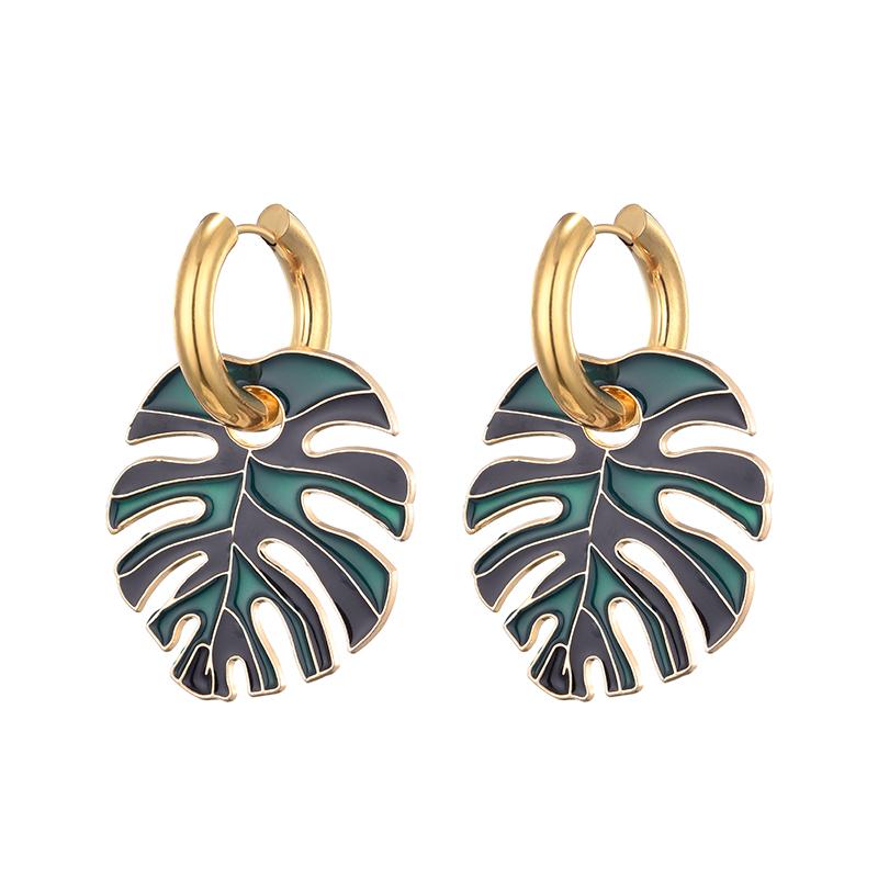 Orecchini a cerchio rotondi smaltati colorati con ciondolo a foglia grande in acciaio inossidabile color oro per donna Gioielli Statement Vintage