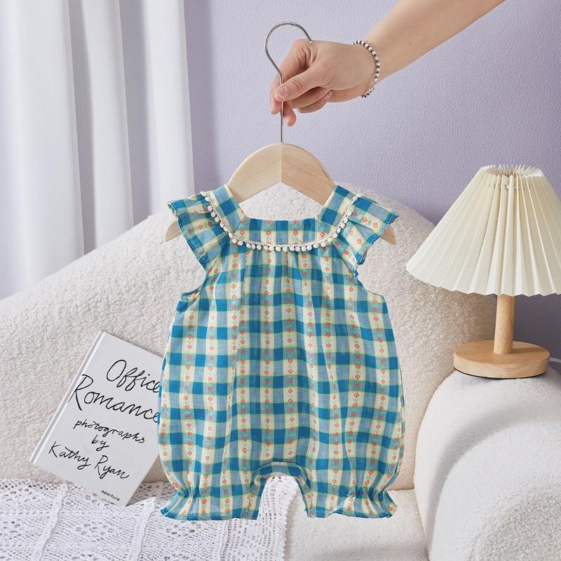 Girls' Korean Style Plaid Flutter Sleeve Summer Romper Jumpsuit