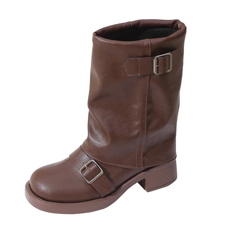 French retro western cowboy boots women's 2025 spring and autumn new high-heeled stacking boots slim pleated medium tube Martin boots