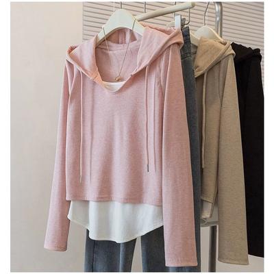 Pink Faux Two-Piece Hooded Sweatshirt for Women Loose Casual Pullover