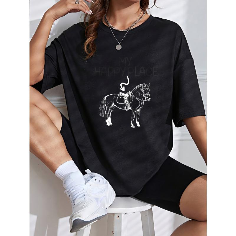 White T Shirt My Happy Place Horse Print Casual Wear For Women Summer Outfit Trendy Tops With Graphic Design Comfortable Everyday Clothing