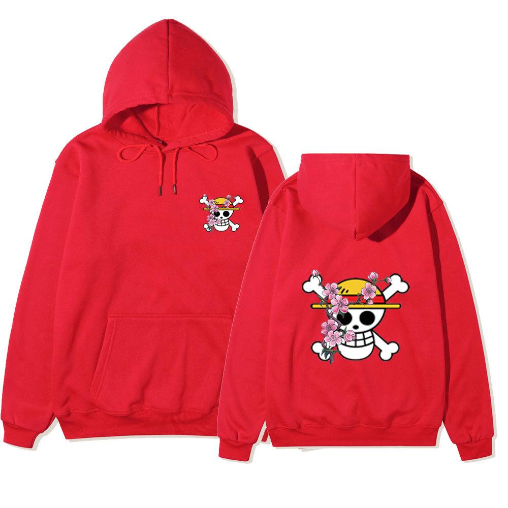 Anime One Piece Straw Hat Pirates Cherry Blossom Hoodie, Front Back Double Sided Print Pullover Sweatshirt for Men Women