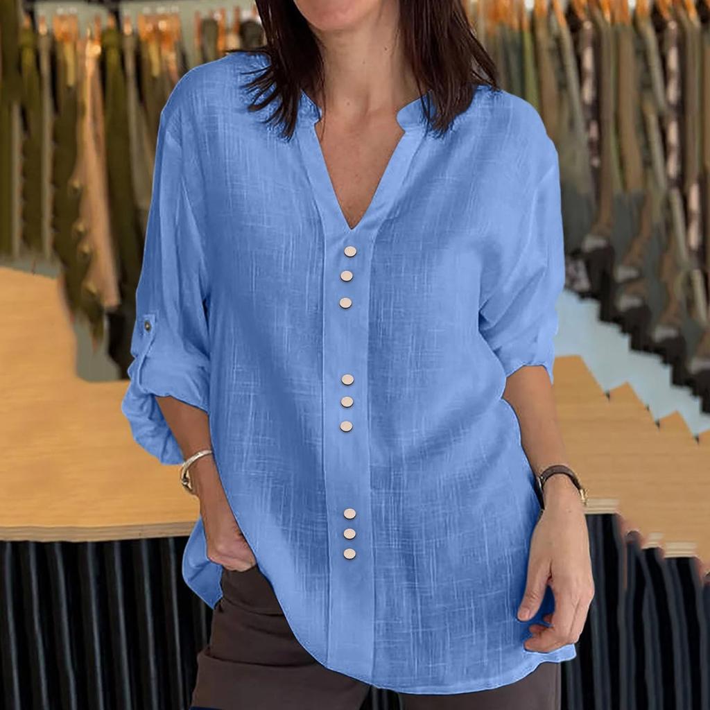 Women's Casual Fashion Solid Color Button V-Neck Long Sleeved Shirt Top Long Sleeved Shirt Top