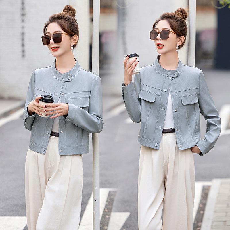 

2025 Женская маленького размера куртка из ПУ кожи со стойкой воротником на весну и осень, стиль Z77611. M (90-110 jin) светло-синий