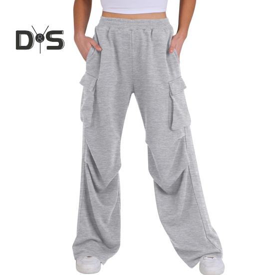 Women Cargo Pants Elastic Waist Mid-rise Straight Wide Leg Sweatpants with Multi Pockets Solid Color Casual Jogging Pants Loose Lounge Pants