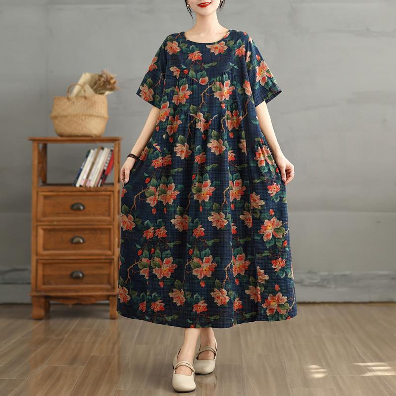 

DIMANAF 2025 Summer Plus Size Vintage Dress Women Casual Dress Loose Basic Floral Printing Long Dress 2XL темно-синий