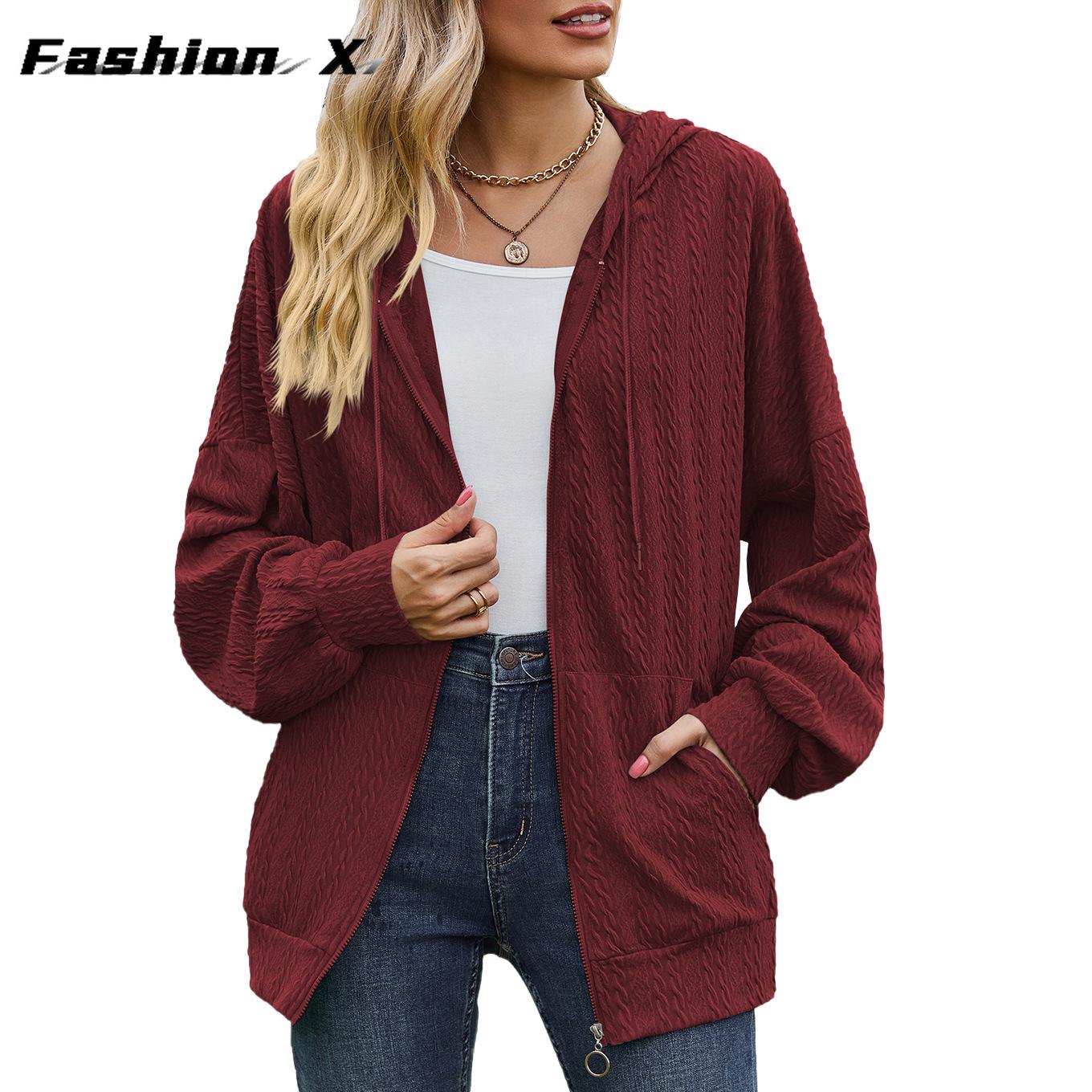 

Осень и зима, новый однотонный свободный свитер с капюшоном и карманами с длинными рукавами, женская куртка 2XL бордовый