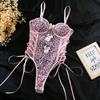 Europejski i Amerykański Damski Seksowny Różowy Body w Panterkę, Przód z Kokardką i Sznurowaniem, Strój na Imprezę i do Klubu Nocnego