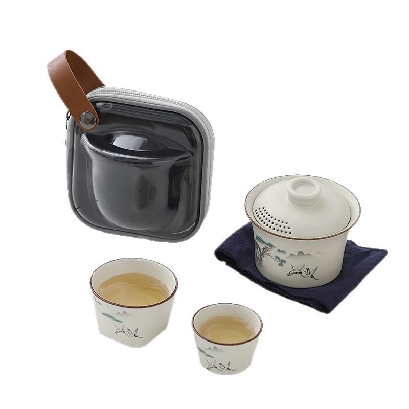 Ru Kiln Cover Bowl Two Cups Travel Tea Set Chinese Simple Portable Storage Bag Kuaike Cup Camping Tea Set
