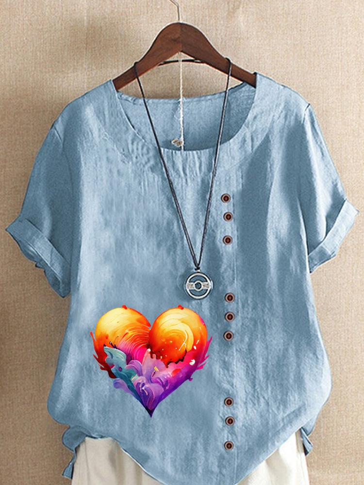 Women's Fashion Flame Love Print Round Neck Short Sleeve T-shirt Summer Casual Cotton Linen Graphic Shirt Leisure Loose Blouse Tops