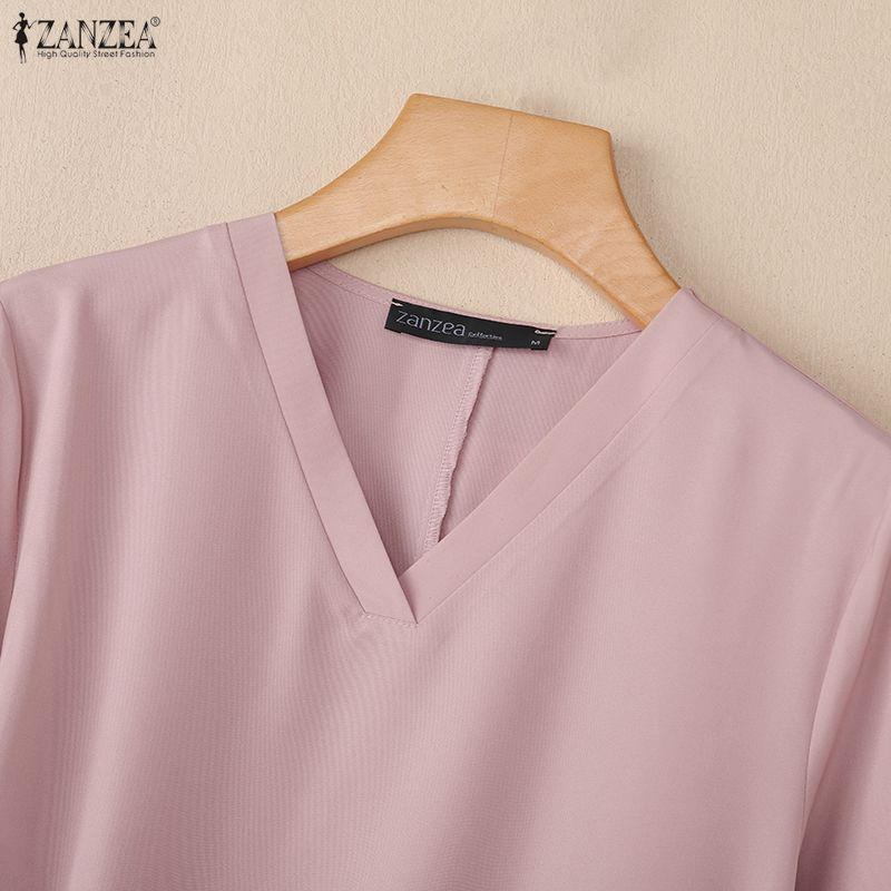 ZANZEA Women Casual V-Neck Solid Color 3/4 Sleeve Loose Blouse