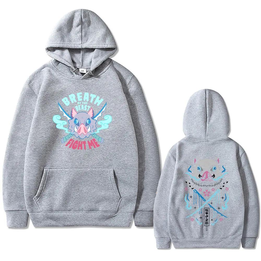 Anime Demon Slayer Hashibira Inosuke Mask Face Graphic Hoodie Men Women Casual Cotton Vintage Pullover Men's Fashion Streetwear