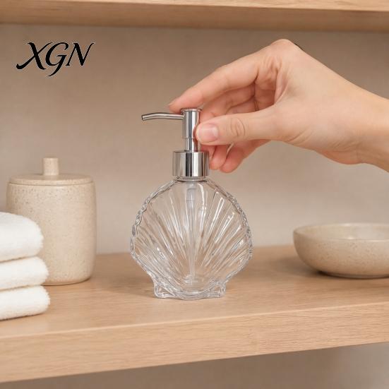 Lotion Glass Container 400ML Beach Seashell Refillable Soap Dispenser, Liquid Hand Bottle Container, Pump for Bathroom Kitchen Countertop Dispenser