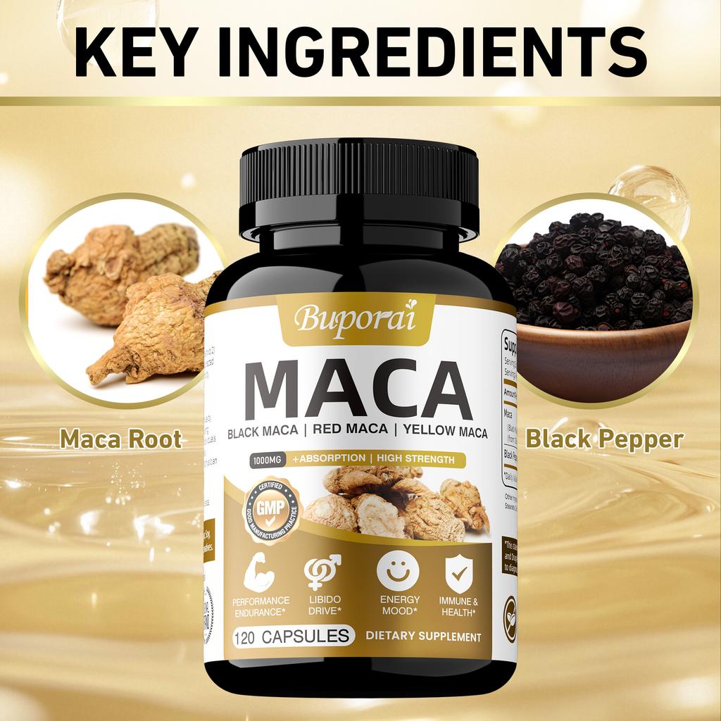 Capsule di estratto di Maca, con aggiunta di pepe nero per migliorare l'assorbimento, equilibrare gli ormoni, aumentare l'energia e migliorare l'umore.
