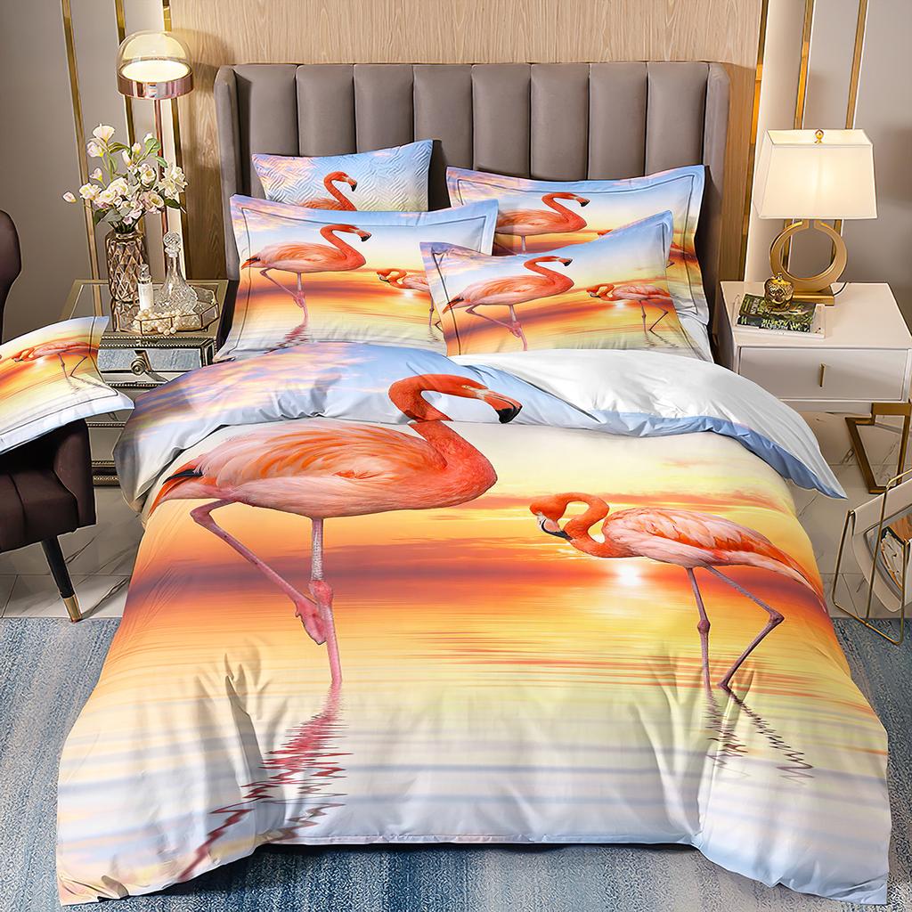 Flower Flamingo Bedding Set For Girl,Flamingos Full Bed Set,2 People Comforter Cover,Pink And Black Pdouble Bed Cover,Microfiber