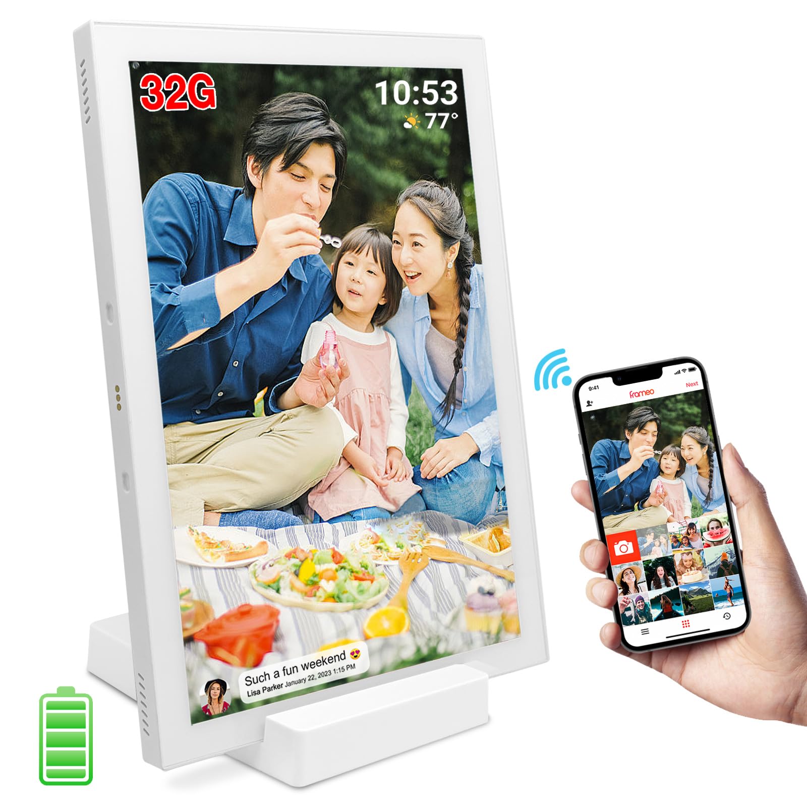 

Frameo WiFi Digital Photo Frame 10.1-inch 1280x800 IPS Touchscreen 32GB Built-in Battery Auto Rotation Instant Sharing via Frameo App